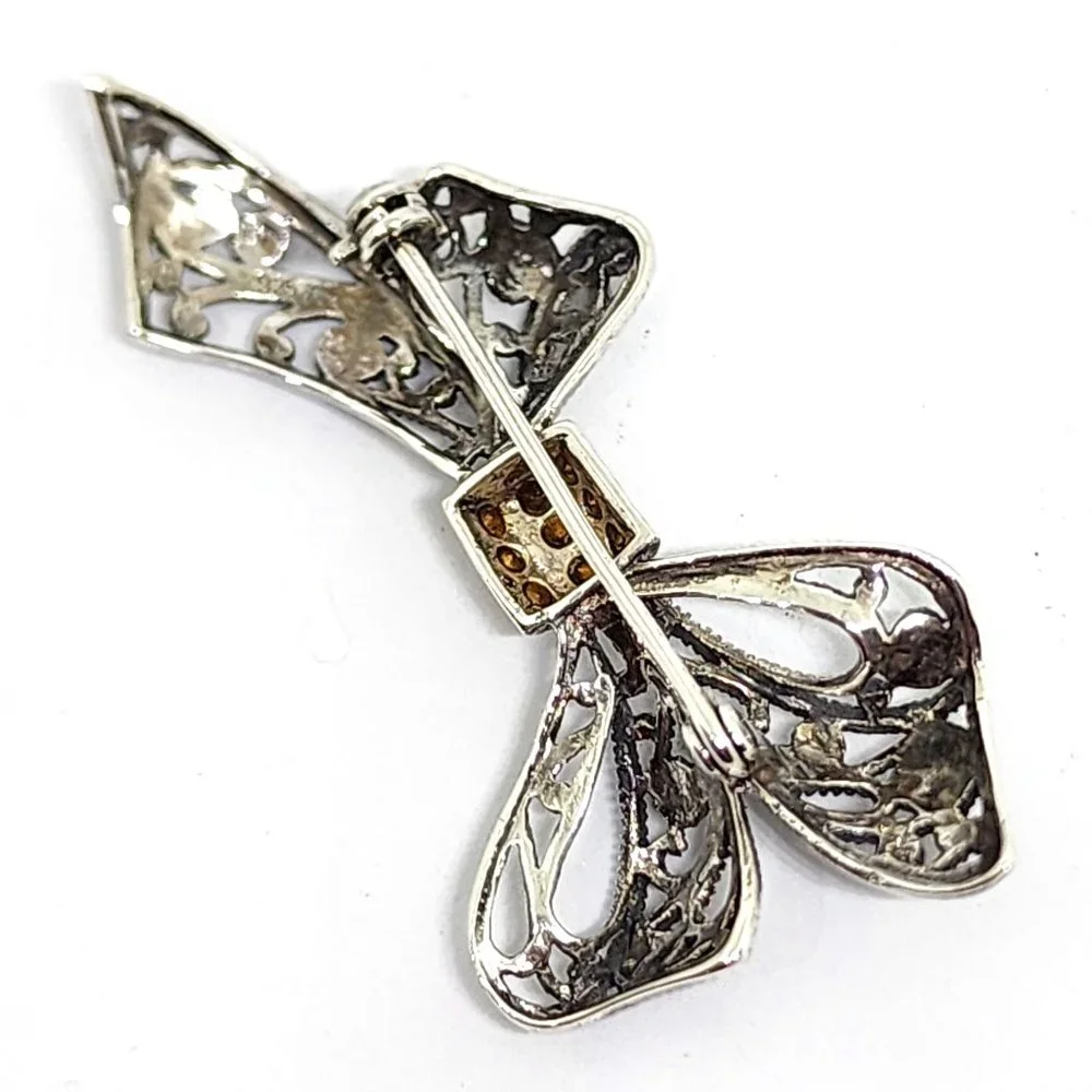 Vintage Sterling Silver Rhinestone and Marcasite Accent Bow Pin Brooch